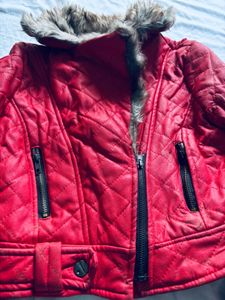 Red Quilted Faux Leather Jacket with Fur Collar