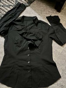 Elegant Black Button-Up Ruffle Shirt
