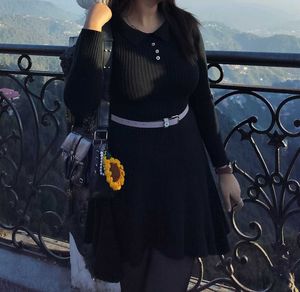Chic Black Ribbed Knit Midi Dress