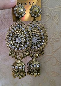 Stunning Golden Jhumka Earrings with White Stone