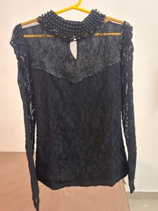 Elegant Black Lace Top with Pearl Collar