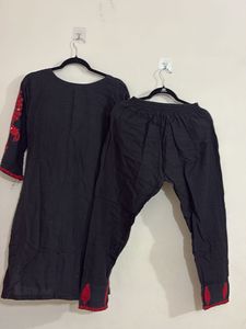 Embroidered Pakistani Black &amp; Red Kurta Set