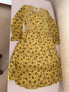 Yellow Floral Midi Dress with Lace Detail