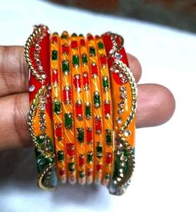 Vibrant Orange &amp; Red Embellished Bangle Set