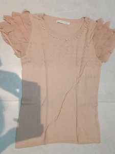 Beige Beaded Short Sleeve Top
