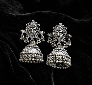 premium oxidised silver Durga Jhumka Earrings