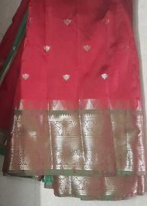 Vibrant Red Silk Saree with Golden Border