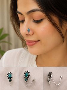 Oxidised Emerald Clip On Nose Pin