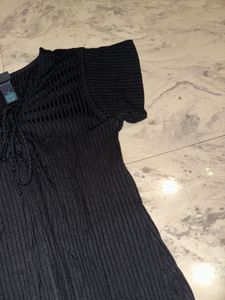 Black Lace-Up Ribbed Top