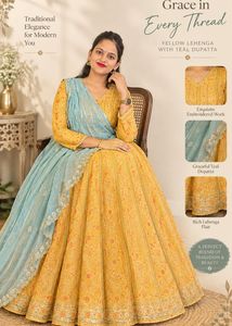 Twinning  Yellow & Teal Embroidered Lehenga