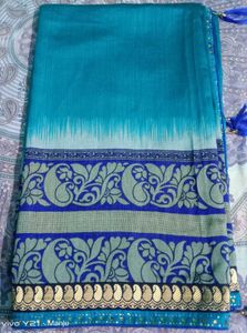 Blue saree with Border and Mirror work