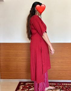 Red Kurta with Striped Palazzo Pants