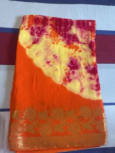 Vibrant Tie-Dye Saree with Golden Border