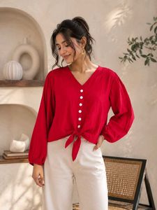 Chic Red Tie-Front Blouse