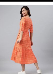 Orange Printed Tiered Midi Dress