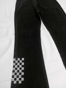 Black Checkerboard Flared Jeans