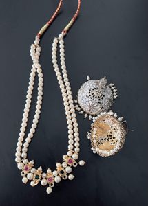 pearl mala  jhumka earing wit