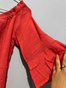 Coral Off-Shoulder Ruffle Sleeve Top