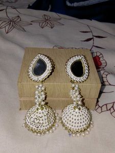 Elegant White Jhumka Earrings with Pearls