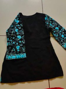 Black Kurta with Blue Floral Embroidery