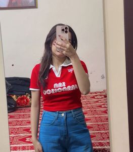 Red Graphic Print Collared T-Shirt