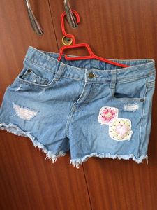 Distressed Denim Shorts with Crochet Patches