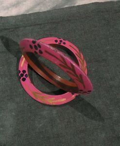 Handcrafted Pink &amp; Gold Bangles (Set of 2)