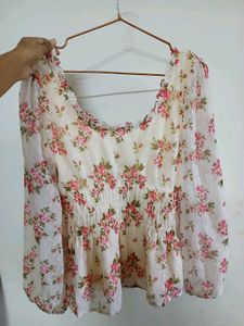 Sheer Floral Print Smocked peplum Top