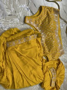 Stunning Yellow Embroidered Drape Skirt Choli Set