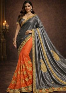 🇳🇿💫🎀Elegant Grey & Orange Embellished Saree