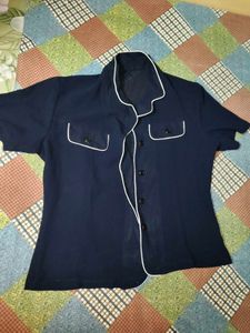 Navy Blue Button-Up Blouse