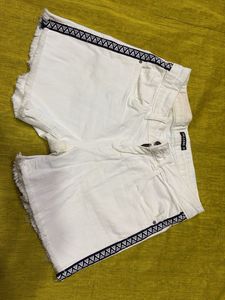 White Denim Shorts with Aztec Trim
