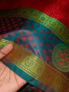 Vibrant Red Saree with Teal Border