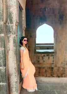 Peach Saree with Silver moti border