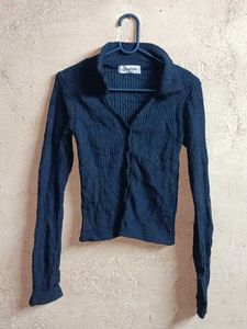 Ribbed Collared Button-Up Top Cropped Cardigan