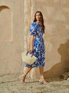 Blue Floral Cut-Out Midi Dress