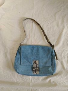 Denim Shoulder Bag with Snake Print Accent