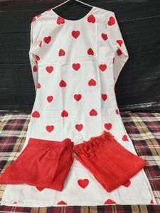 White Kurta Set with Red Hearts