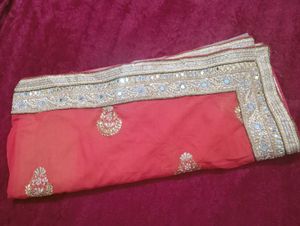 Exquisite Dual-Tone Mirror Work Saree Peach Orange