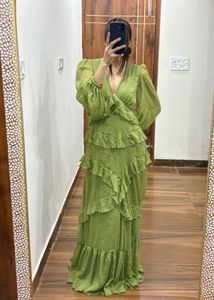Olive Green Tiered Ruffled Swiss-Dot Maxi Dress