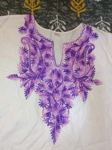 Elegant White Kurta with Purple Embroidery
