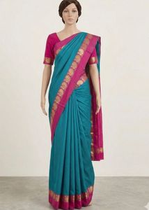 Elegant Teal & Pink Saree with Gold Border