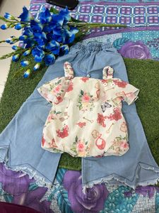 🌸 Cute Floral Off-Shoulder Top with Denim Palazzo