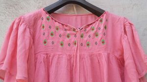 Pink Embroidered Tassel Tie Neck Kurti