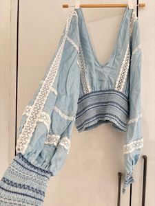 Light Blue Embroidered Crop Top