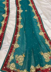 Embroidered Teal Saree with Maroon Border