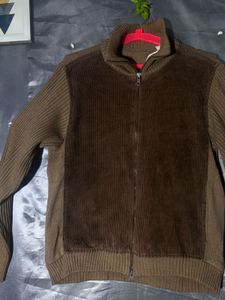 Brown Corduroy &amp; Knit Zip-Up Jacket