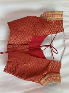 Red Brocade Blouse with Embellished Neckline