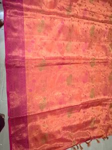 Vibrant Orange Silk Saree with Pink Border
