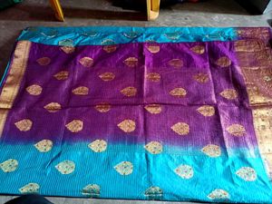 Beautiful sky Saree with rich border&amp;ready Blouse